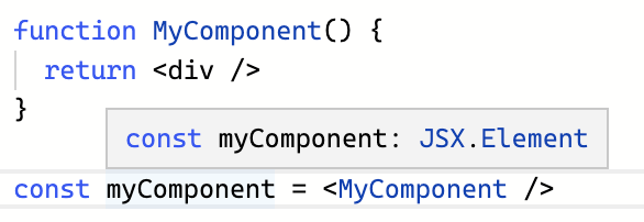 TypeScript playground example showing that TypeScript assigns the JSX.Element type to JSX elements by default